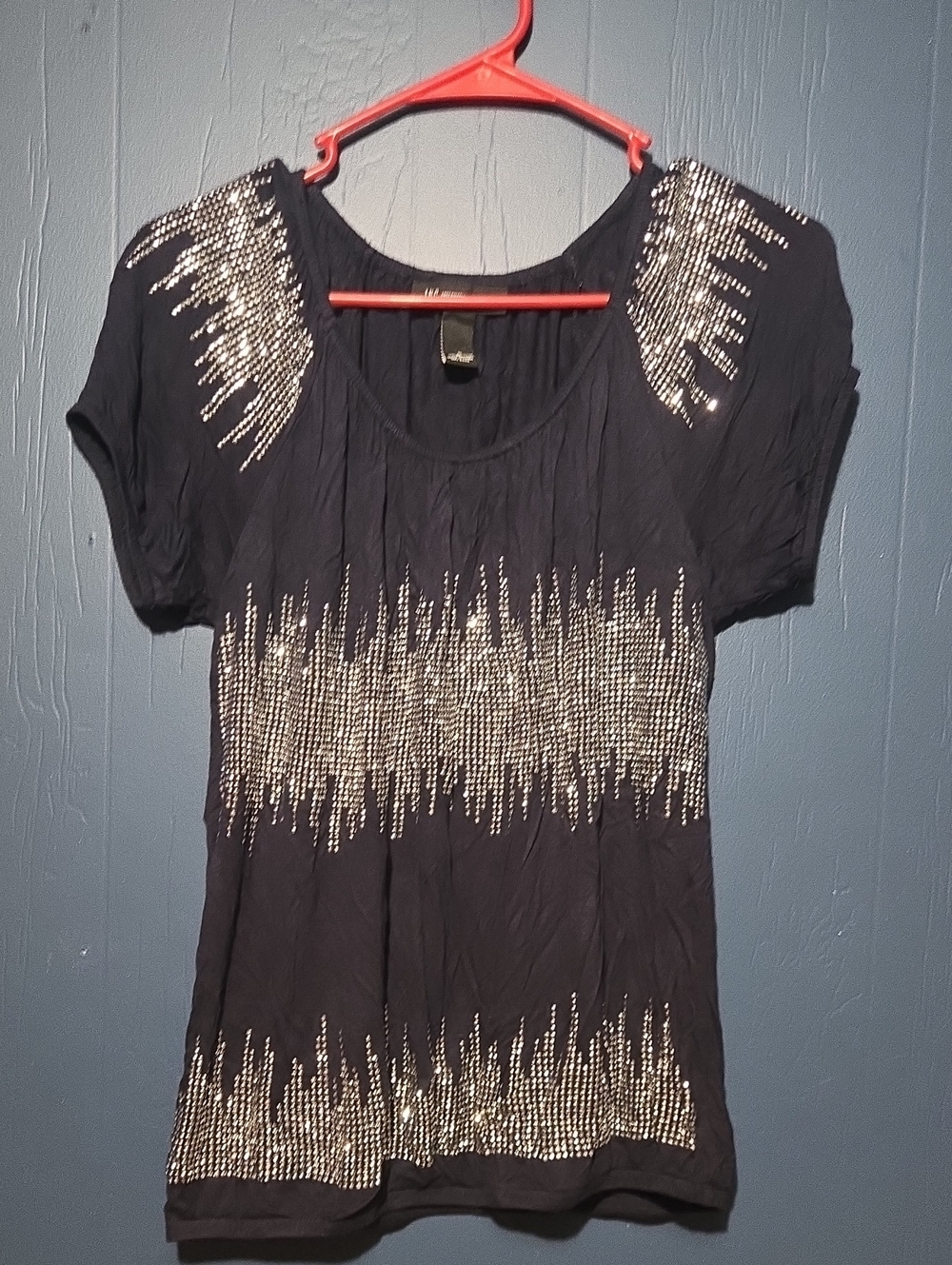 INC International Concepts Black Short Sleeve Top with Silver Stud Accents